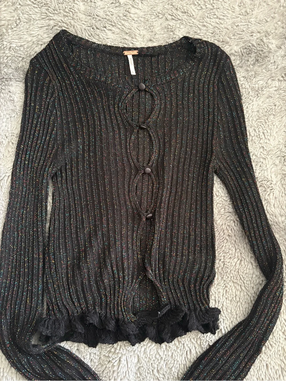 Free People Black Ribbed Long-Sleeve Cutout Crop Top